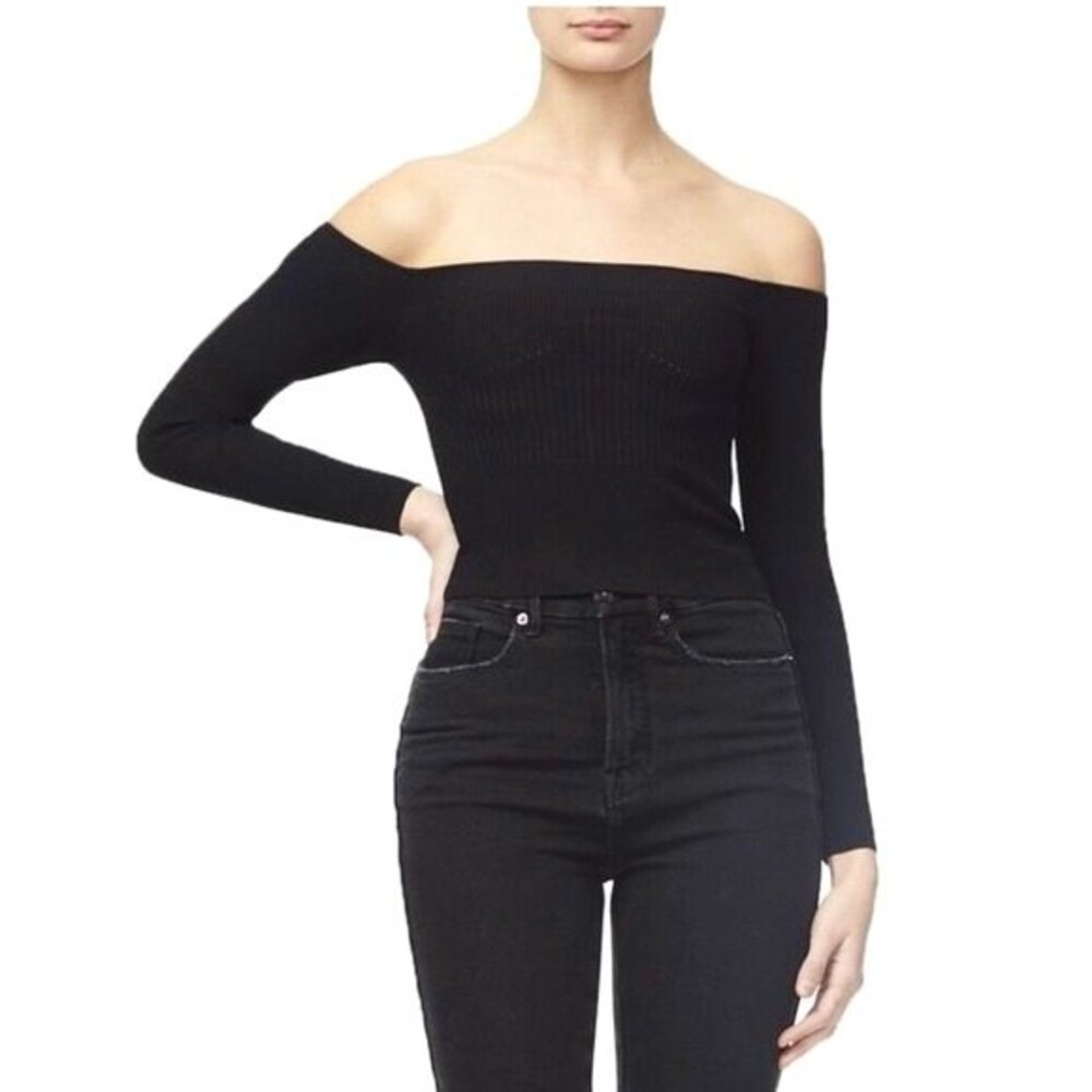Good American The Off Shoulder Ribbed Knit Sweater Pullover in Black 0 NWOT